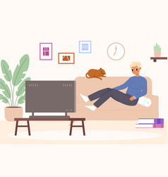 Student Rest On Sofa And Watch Tv Young Man