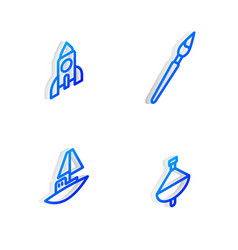 Set Isometric Line Paint Brush Rocket Ship Toy