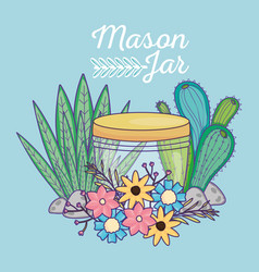 Mason Jar Flowers Cactus Foliage Leaves Stones