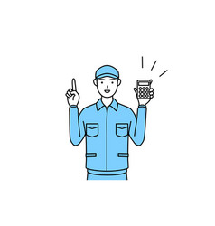 Man In Hat And Work Clothes Holding A Calculator