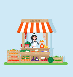 Farm Shop With A Salesperson Fruits And Vegetables