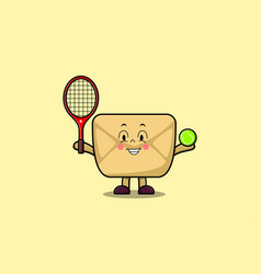 Cute Cartoon Envelope Character Play Tennis Field