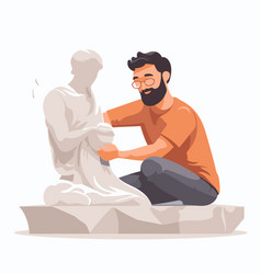 Man Sculpting A Statue Of Buddha In Cartoon Style