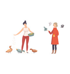 Woman Character Feeding Birds With Crumbs