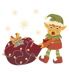 Christmas Elf Dragging A Big Bag With Gifts