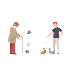 Senior Woman And Man Character Feeding Birds