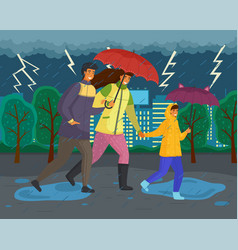 Family Walking In Rain With Umbrella