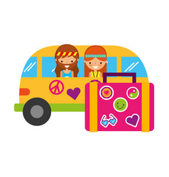 Hippie Couple In Mini Van Suitcase Travel