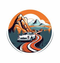 Retro Style Of A Car Driving On A Road With