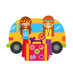 Hippie Couple With Suitcase Van Car Vintage