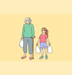 Kind Small Girl Help Old Grandmother Carrying Bags