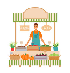 Man Selling Vegetables Behind Stall Counter