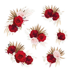 Bohemian Floral Bouquet Of Red Roses Pampas Grass