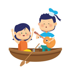 Happy Girl And Boy Singing In Wooden Canoe