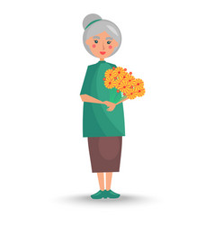 Old Woman Holds Big Bouquet Of Yellow Flowers