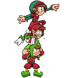 Cartoon Christmas Elves Lifting Each Other Up