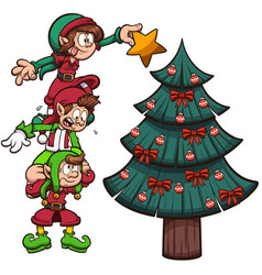 Cartoon Christmas Elves Decorating Tree