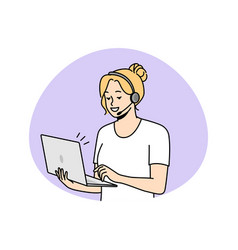 Woman In Headset Holds Laptop Communicates