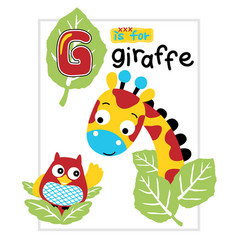 Giraffe And Owl Cartoon With Leaves