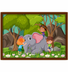 Happy Kids Playing With Elephant Photo In A Frame