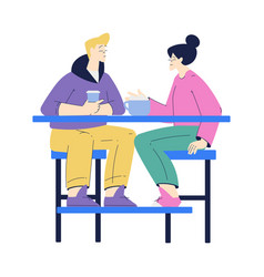 Man And Woman Character At Cafe Table With Coffee