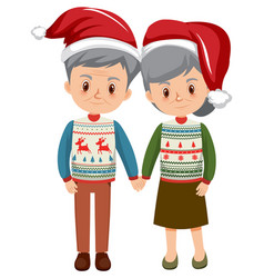 Old Couple In Christmas Outfits Holding Hands