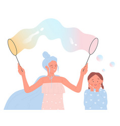 Mother And Girl Kid Play Blow Soap Bubble