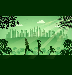 Silhouette Family Running In City Park