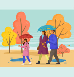 Family Walking In Rain With Umbrella