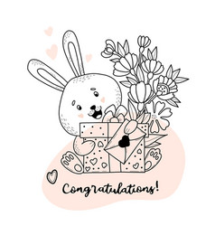 Cute Bunny With Bouquet Of Flowers Big Gift