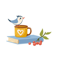 Book Cup Of Tea Cute Birdie And Berries Of Rowan