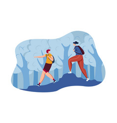 Two People Are Hiking On A Forest Trail Woman