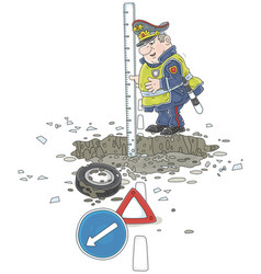 Traffic Cop Measuring A Depth Of A Road Pothole