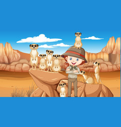 A Girl Explorer With Meerkat Group In Desert