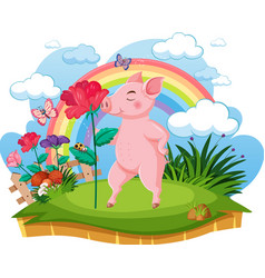 A Pig Holding Rose In Nature