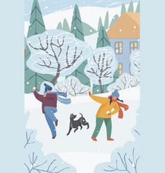 Children With Dog Playing Snowballs