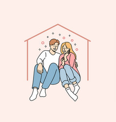 Happy Couple Sits In Imaginary House Dreaming