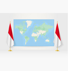 World Map Between Two Hanging Flags Of Indonesia