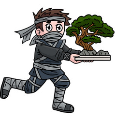 Ninja Carrying Bonsai Cartoon Colored Clipart