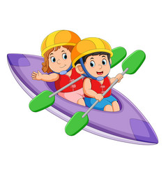 Boy And Girl Are Rowing The Canoe With The Paddle