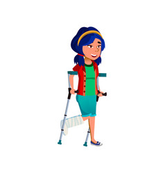 Smiling Girl With Broken Leg Going On Crutches