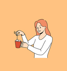 Smiling Woman Make Tea In Cup