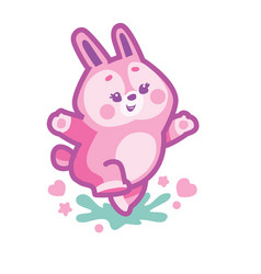 Stylized Pink Hare Jumping Merrily Cartoon