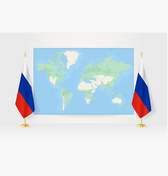 World Map Between Two Hanging Flags Of Russia