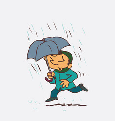 Asian Child Running In The Rain With An Umbrella