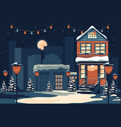 Winter Cityscape With Cozy House