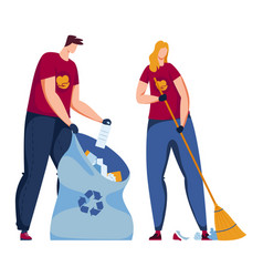 Two People Cleaning Man Putting Trash Into