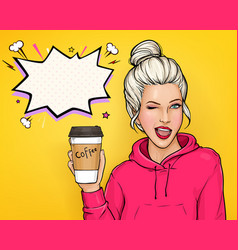 Pop Art Winking Woman With Cup Coffee