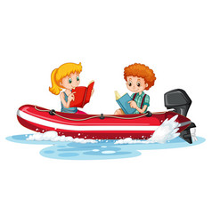 Couple Kids Reading Books On Boat