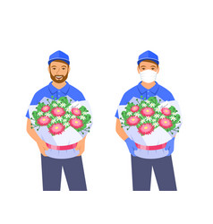 Floral Shop Delivery Man Holds Bouquet Of Flowers